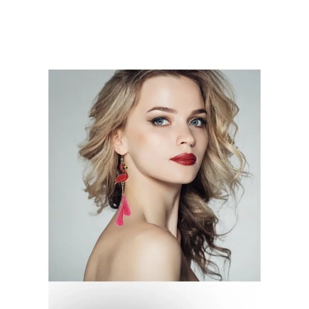 Pink Gold Enamel Flamingo Dangle Fashion Earrings